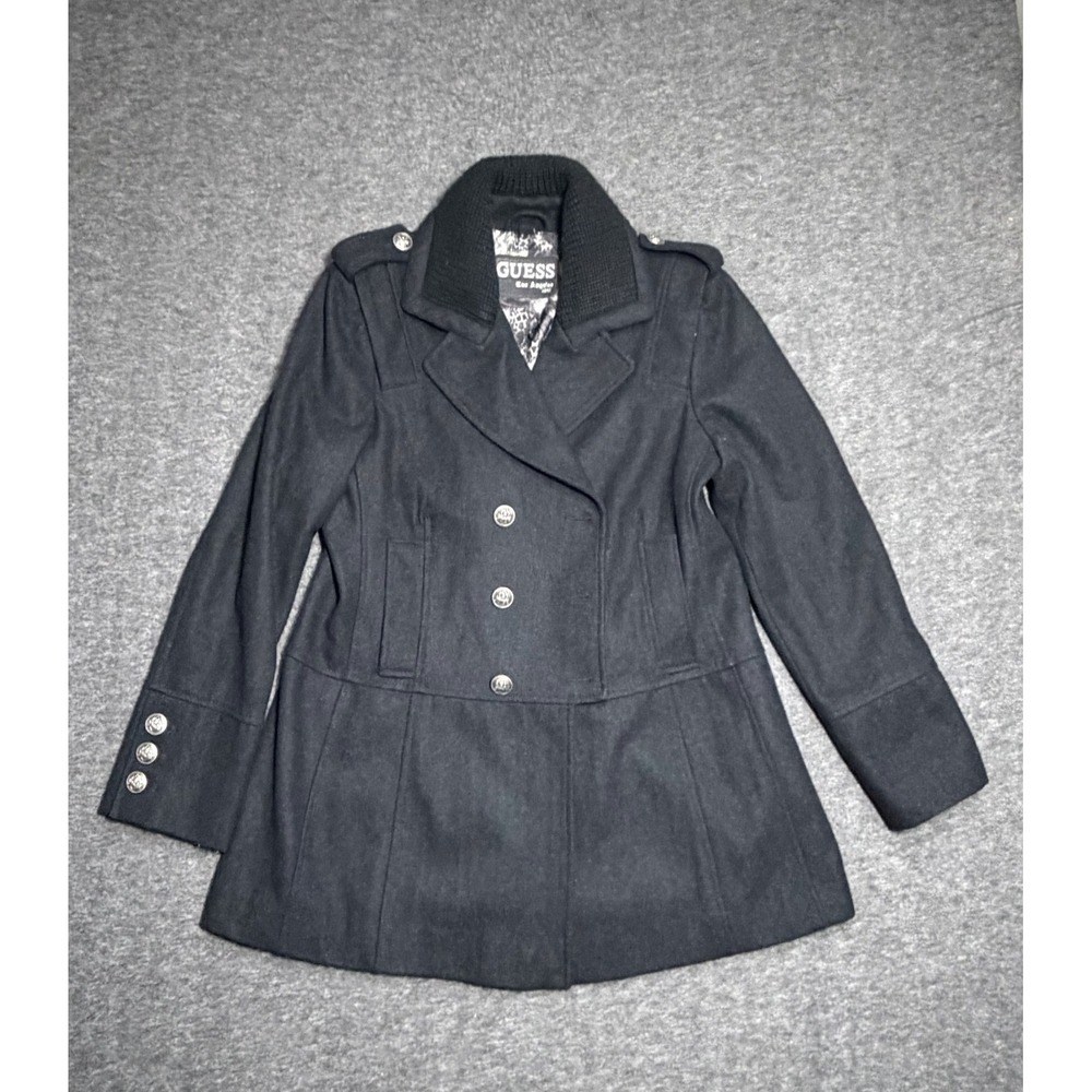 GUESS Los Angeles Peacoat Jacket Womens Large Black Wool Blend Crest Buttons